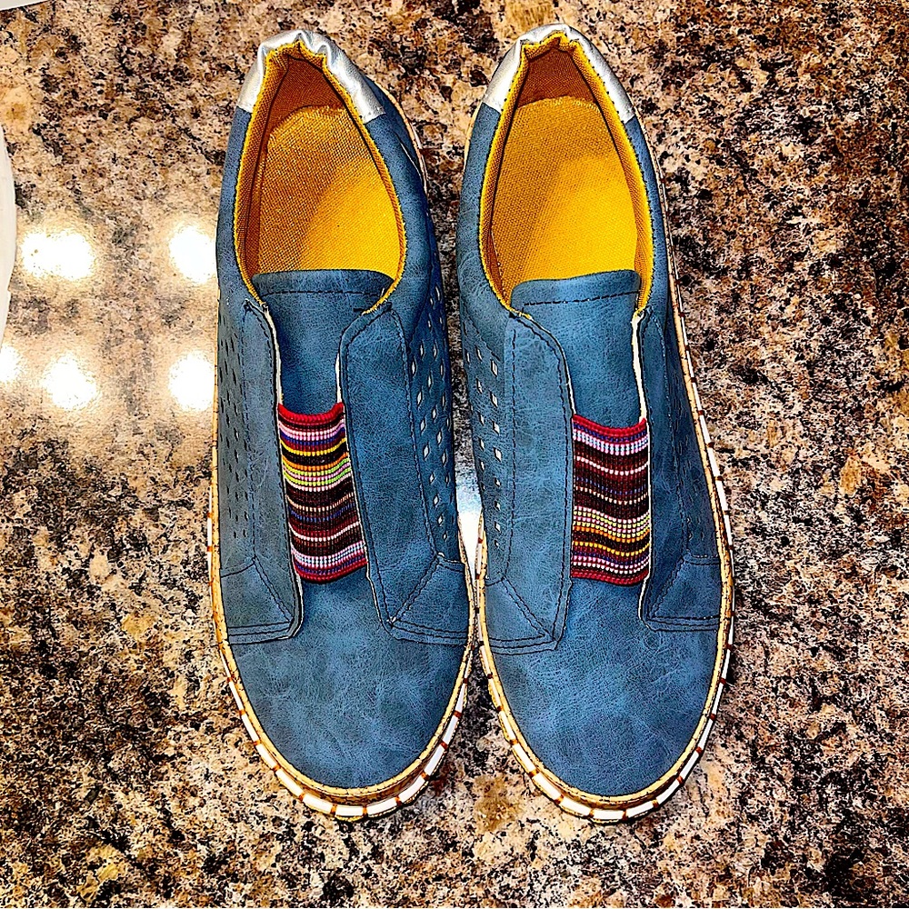 blue and gold comfortable slip on shoes, faux leather